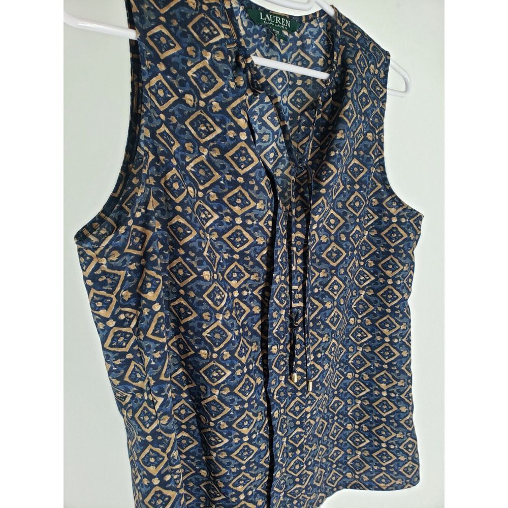 Lauren Ralph Lauren Sleeveless Shell Tank Top Blouse Tie Front Sz PXS‎ Geometric